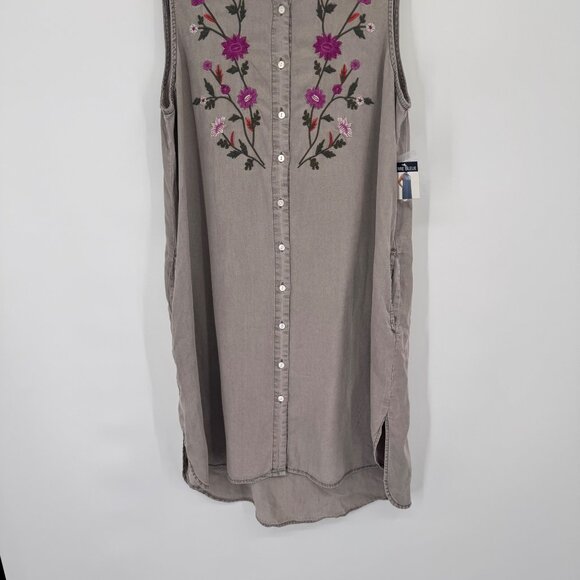 TERRE BLEUE Sleeveless Floral Embroidered Lyocell Shirt Dress Gray Size Large - Picture 8 of 13